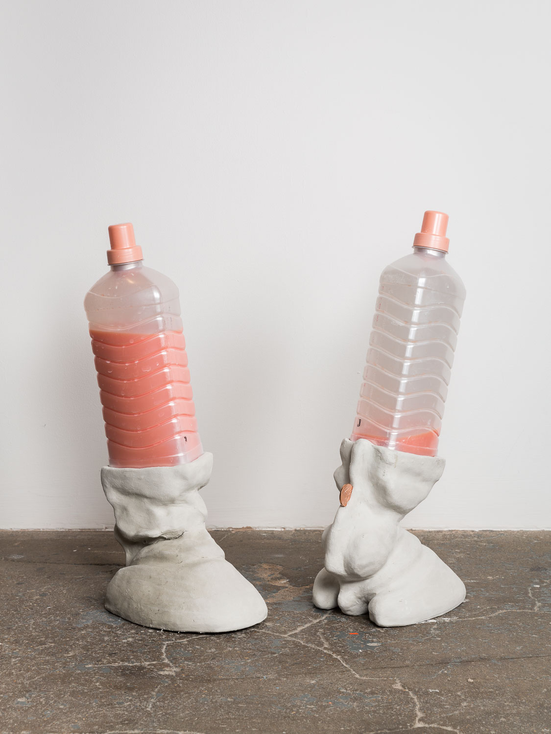 Lena Henke, Laundry Day, 2015, clay, bottle, detergent, coin, 2 parts each: 47 x 23 x 9 cm, 18 1/2 x 9 1/8 x 3 1/2 ins. One step away from further Hell
, Lena Henke and Marie Karlberg